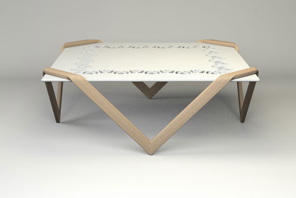 Stůl z ohýbaného dřeva v kombinaci s materiálem HI-MACS